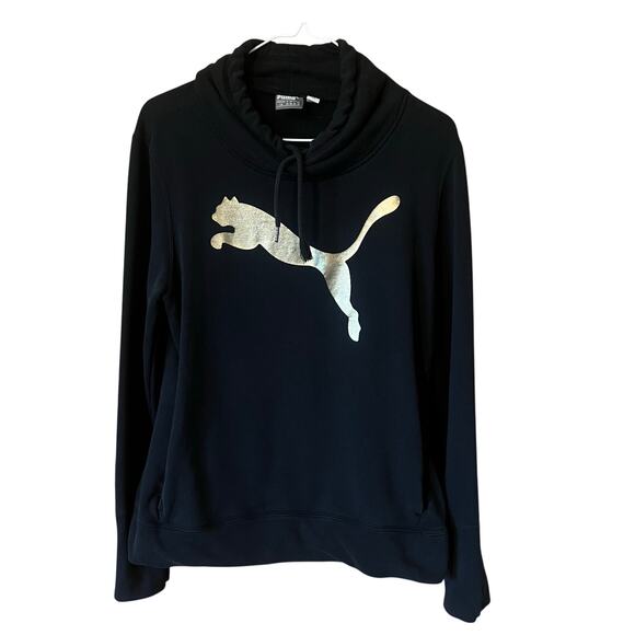 Black and Gold Women’s Puma Cowl Neck Hoodie with Kangaroo Pocket Size Large - Picture 1 of 6